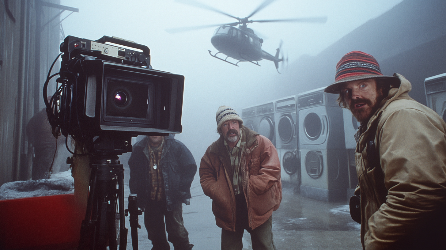 Confused 1982 film crew on foggy loading dock.