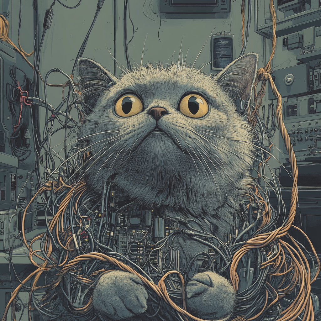 Confused Cat Tangled in Cables on Messy Desk.