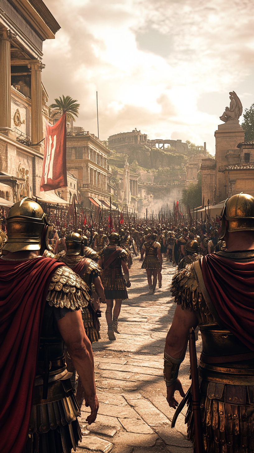 Confused Roman soldiers and citizens in ancient Rome scene.