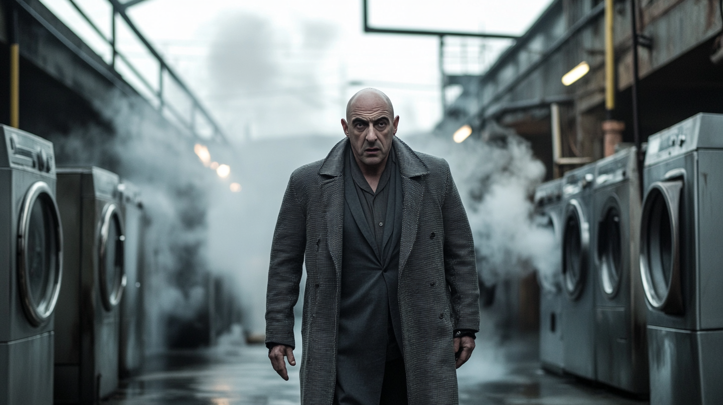 Confused Telly Savalas in Grey Longcoat