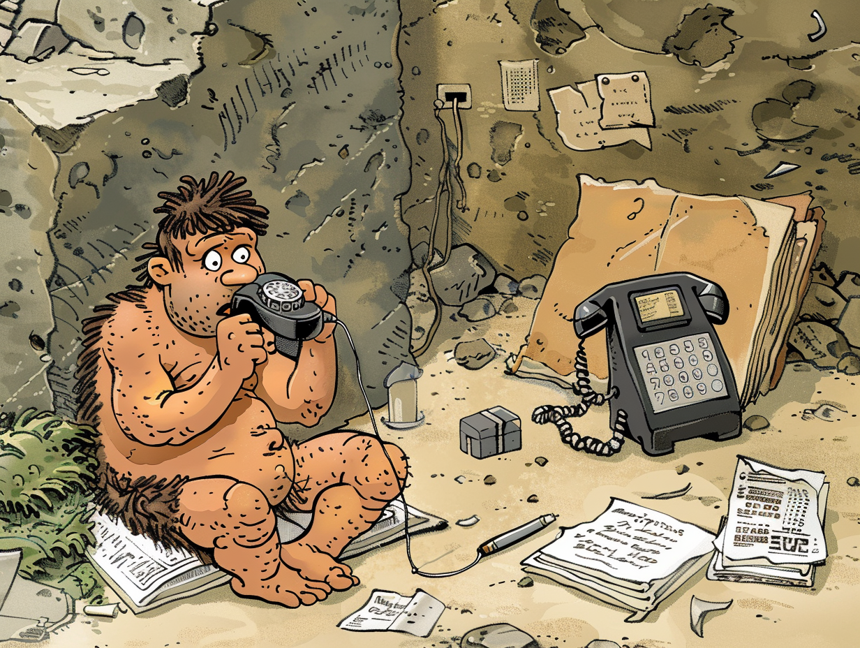 Confused caveman examines old products from time machine.