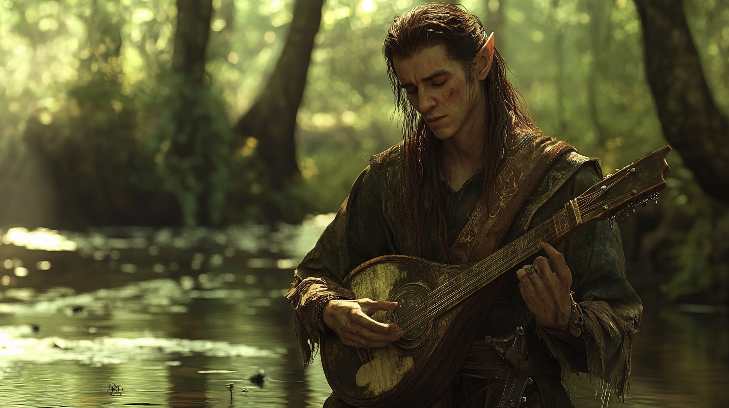 Confused elf bard stands in soggy swamp.