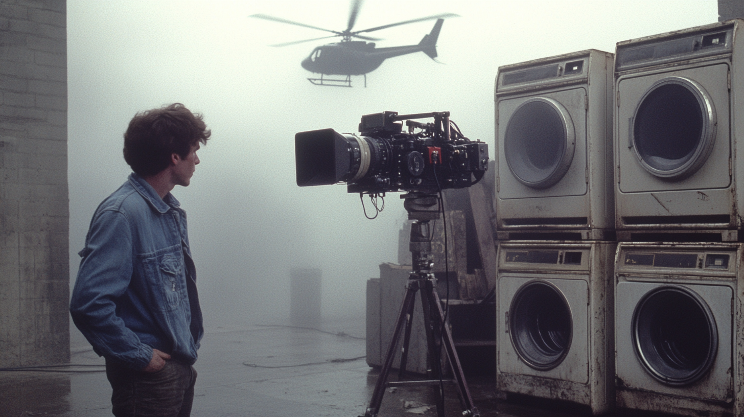 Confused film crew in 1982 shoot commercial.