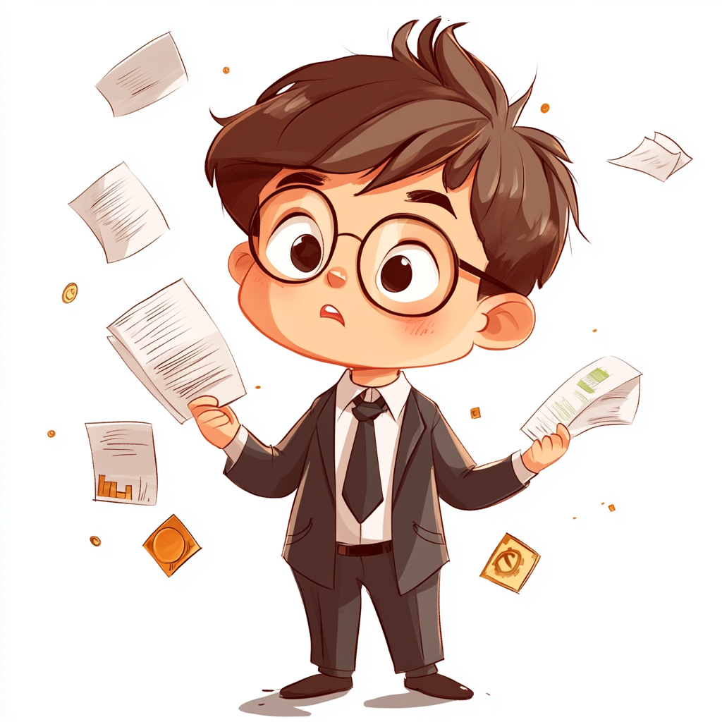 Confused kid in suit with glasses examines finance