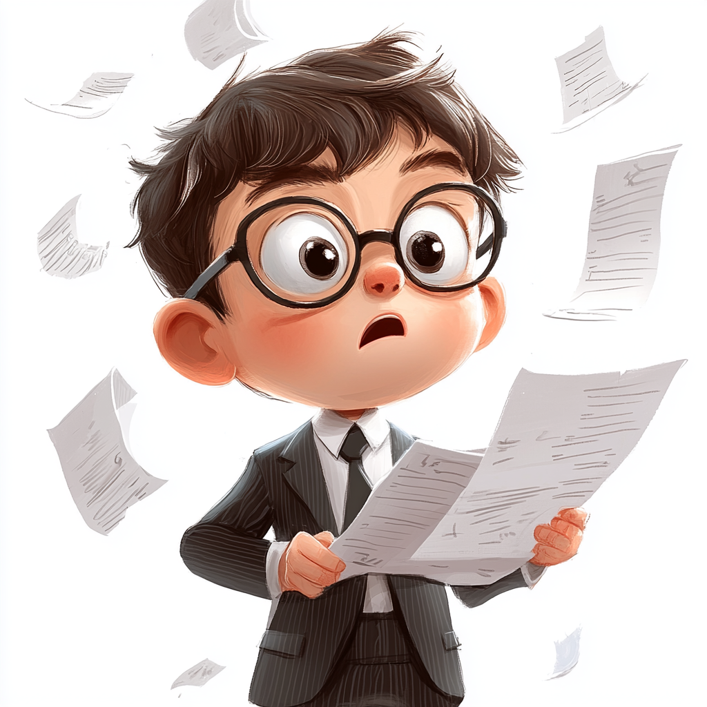 Confused kid in suit with glasses holding paper.