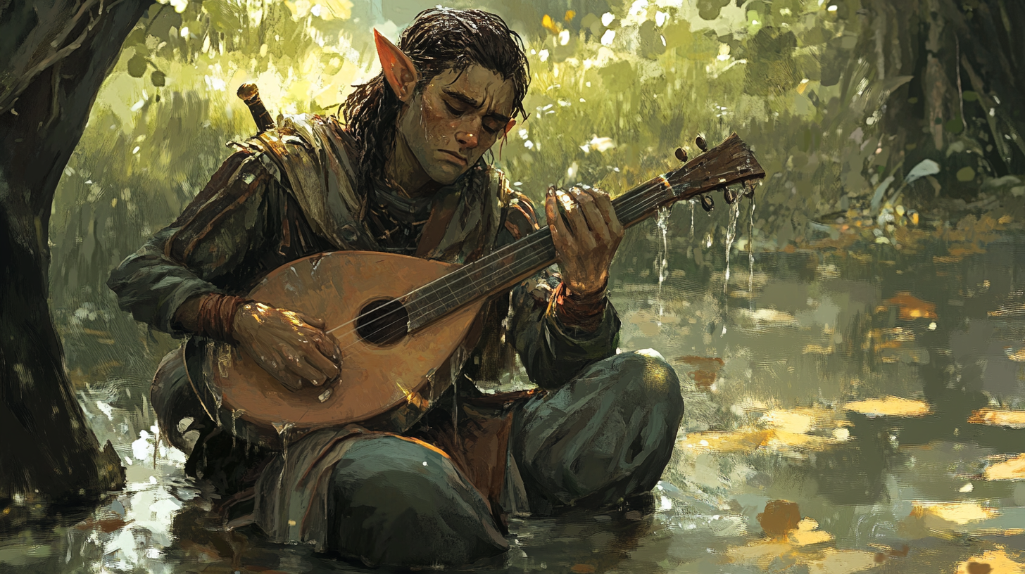 Confused male elf bard cries over broken lute