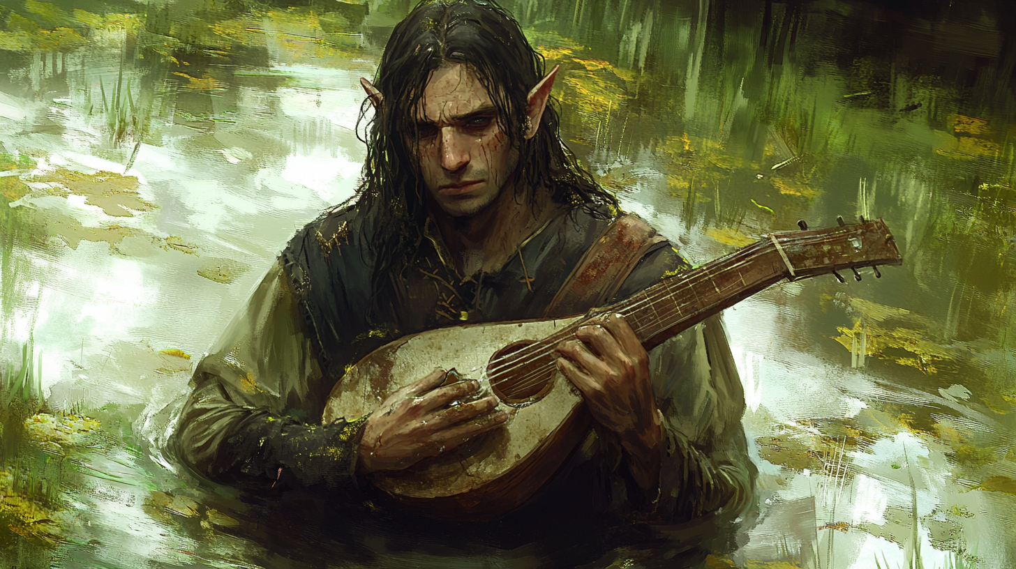 Confused male elf bard with broken lute in swamp.