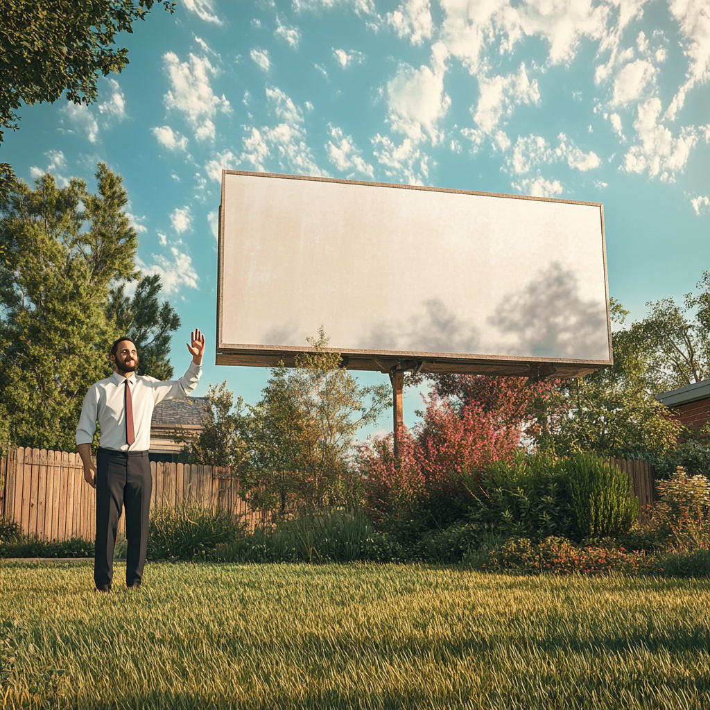 Confused man looks at neighbor's billboard, waving hello.