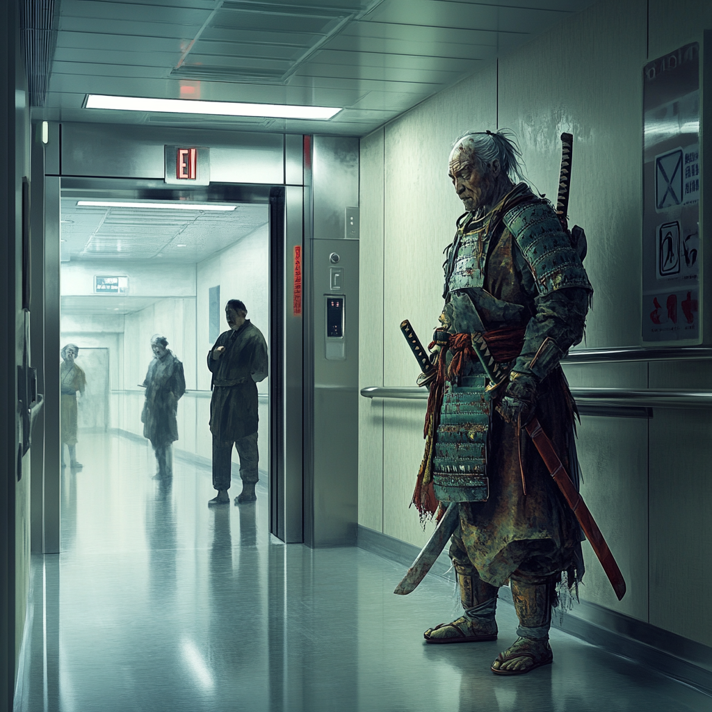 Confused samurai in hospital corridor, surrounded by modernity.