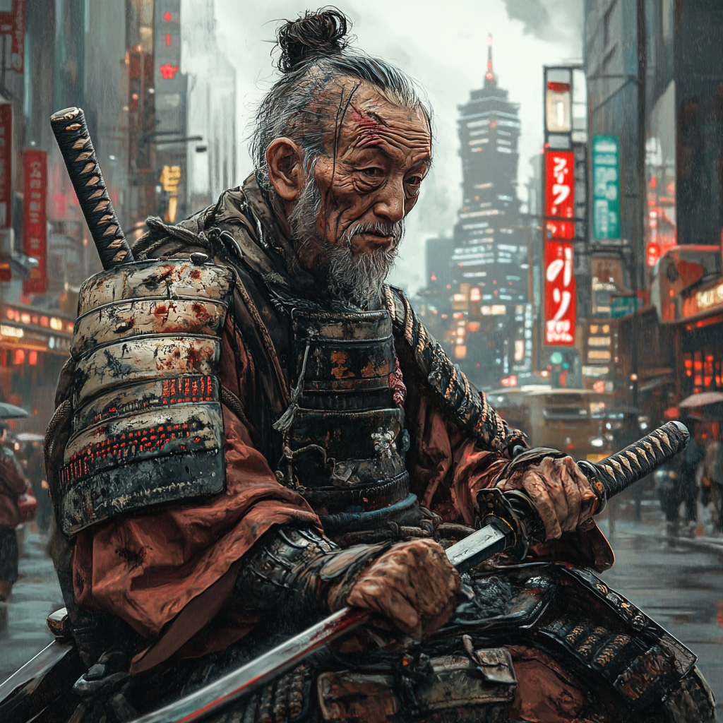 Confused samurai in modern Japan, blending old and new.