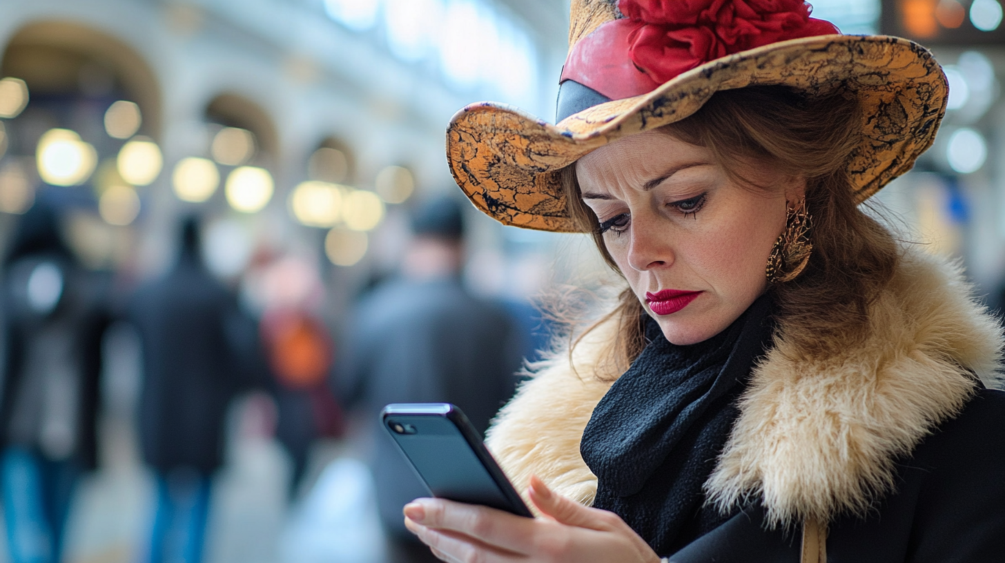 Confused woman at Paddington Station with iPhone.