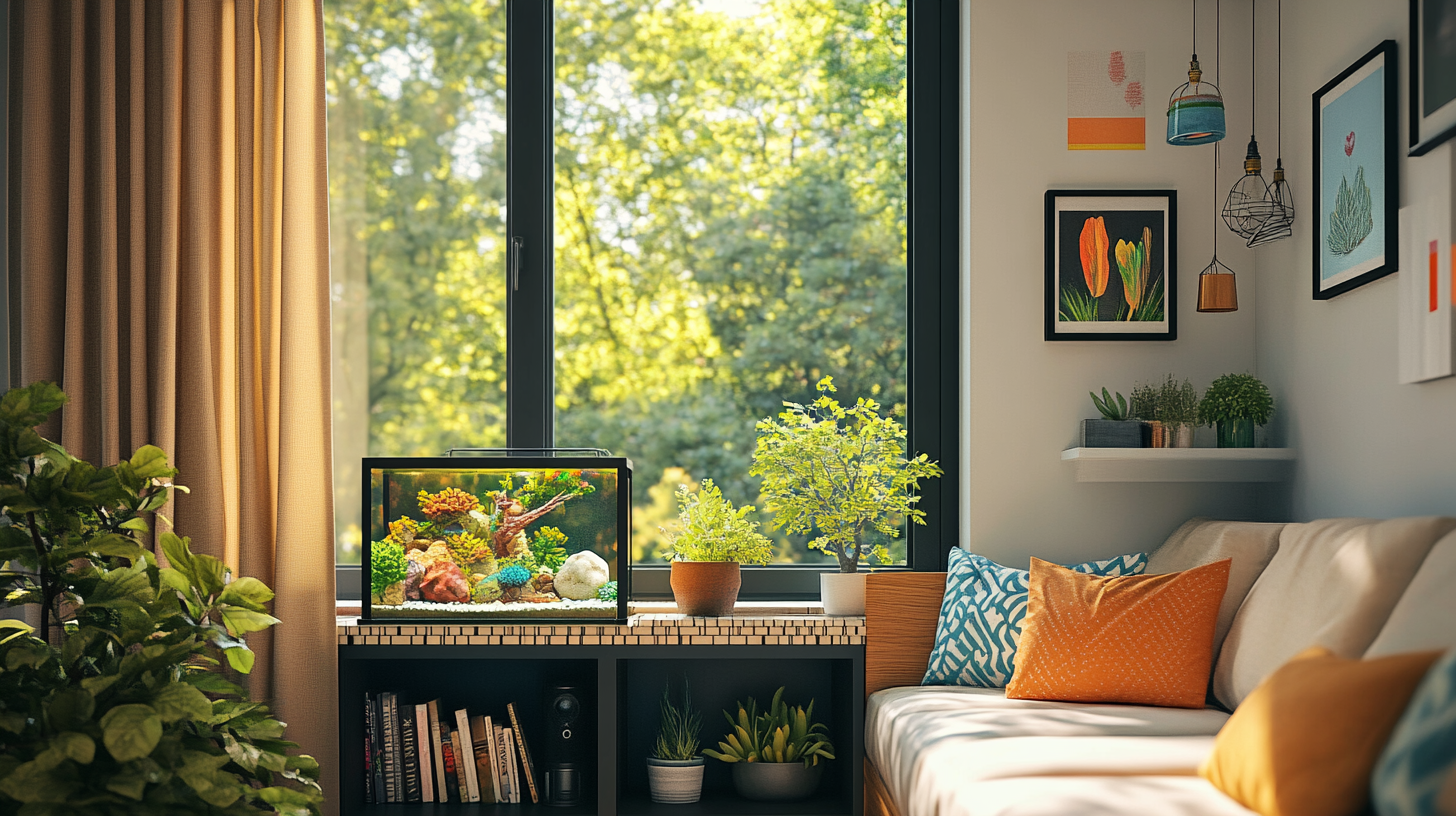 Conservatory with black window frame, cozy sofa, plants