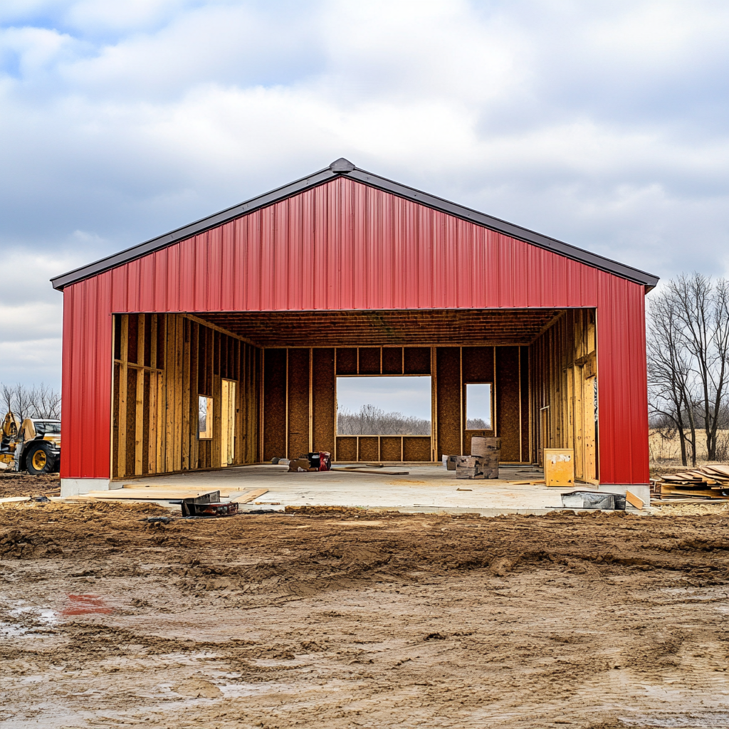 Construction of barndominium kit with pre-cut materials. Easy assembly.