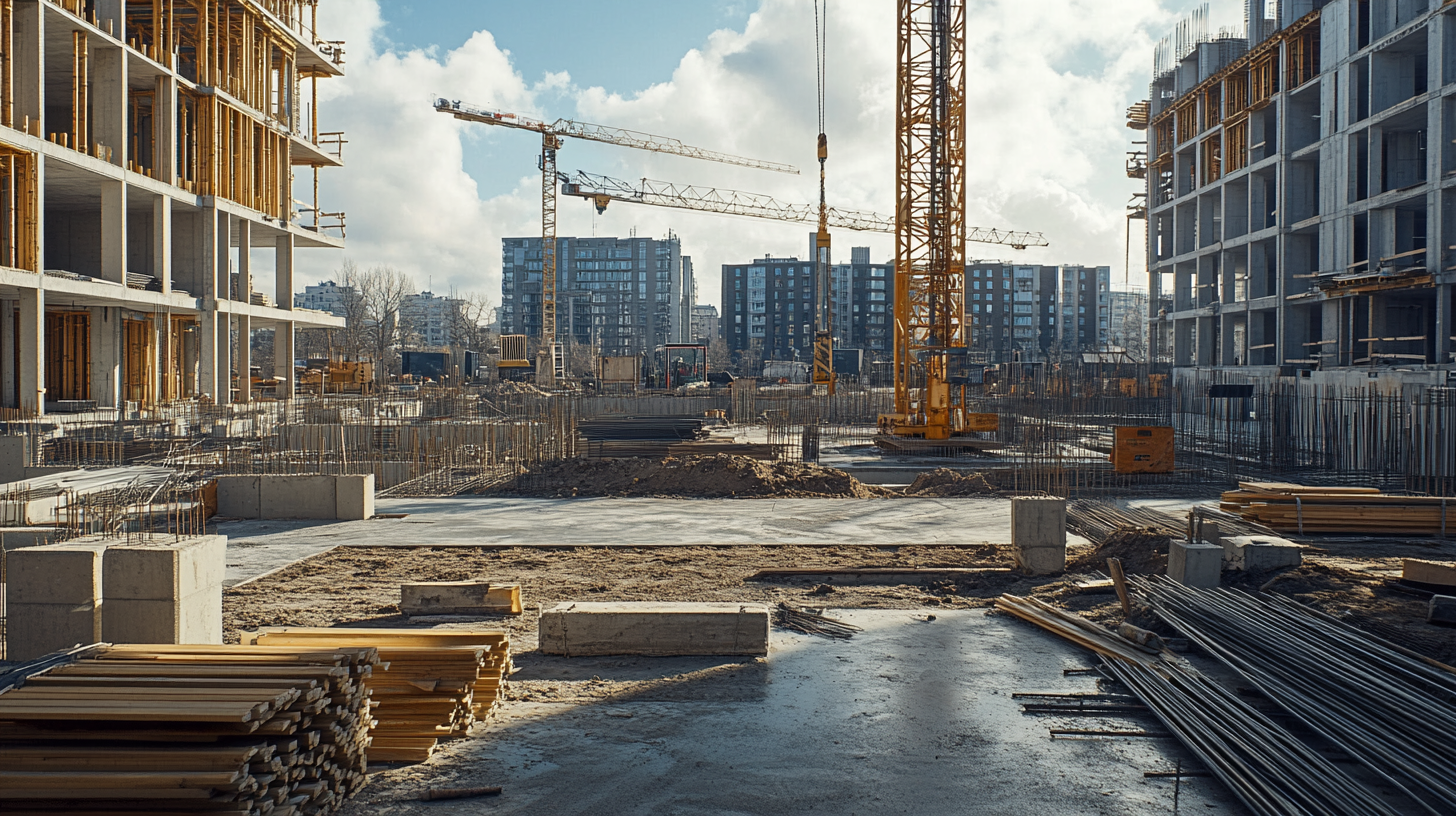 Construction site with cranes, cityscape, building materials, high resolution.