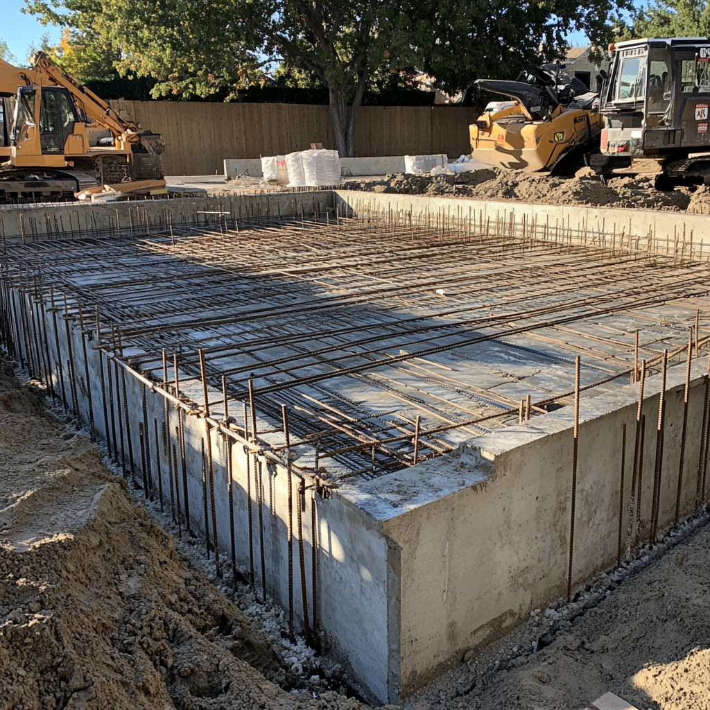 Construction site with poured concrete foundation and rebar sticking out.