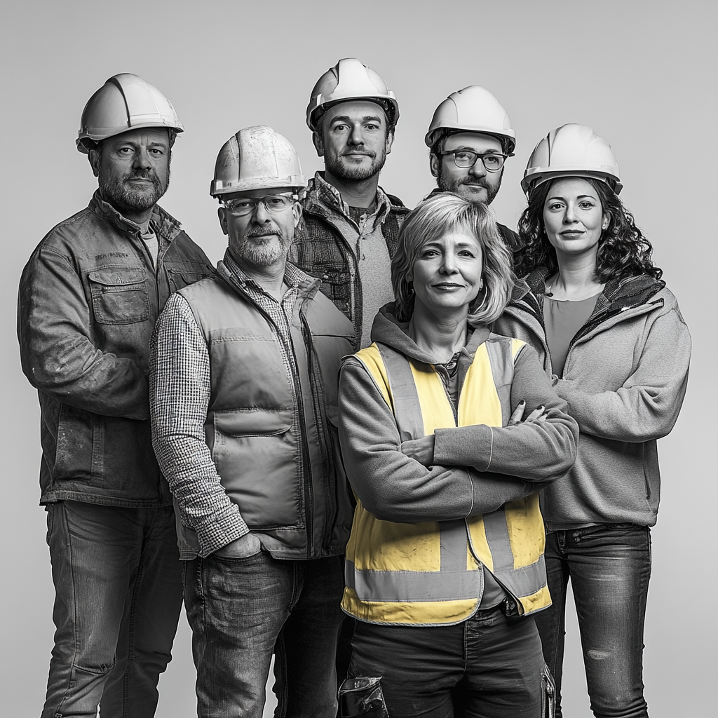 Construction team with European and African members photographed.