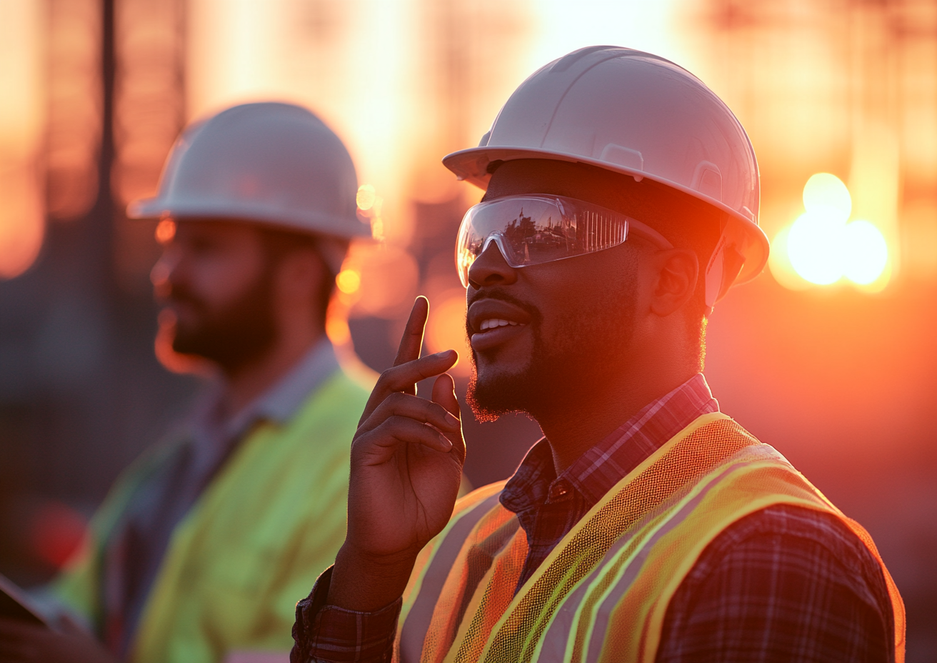 Construction workers talking to supervisor at site, golden hour.