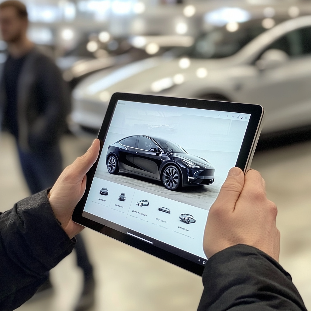 Consumer views electric vehicle details on tablet screen