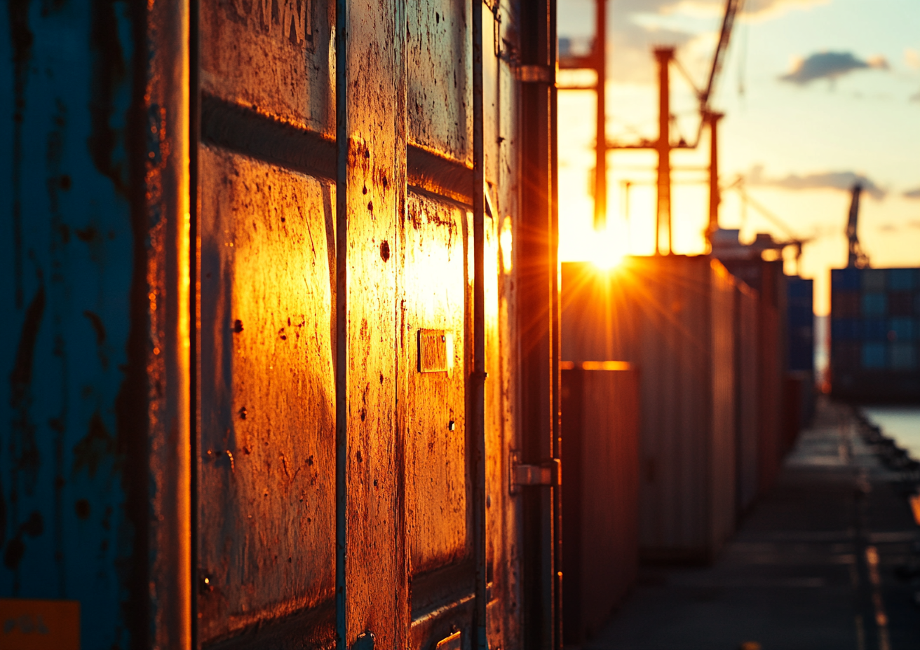 Container in harbor during sunset with dramatic lighting contrasts.