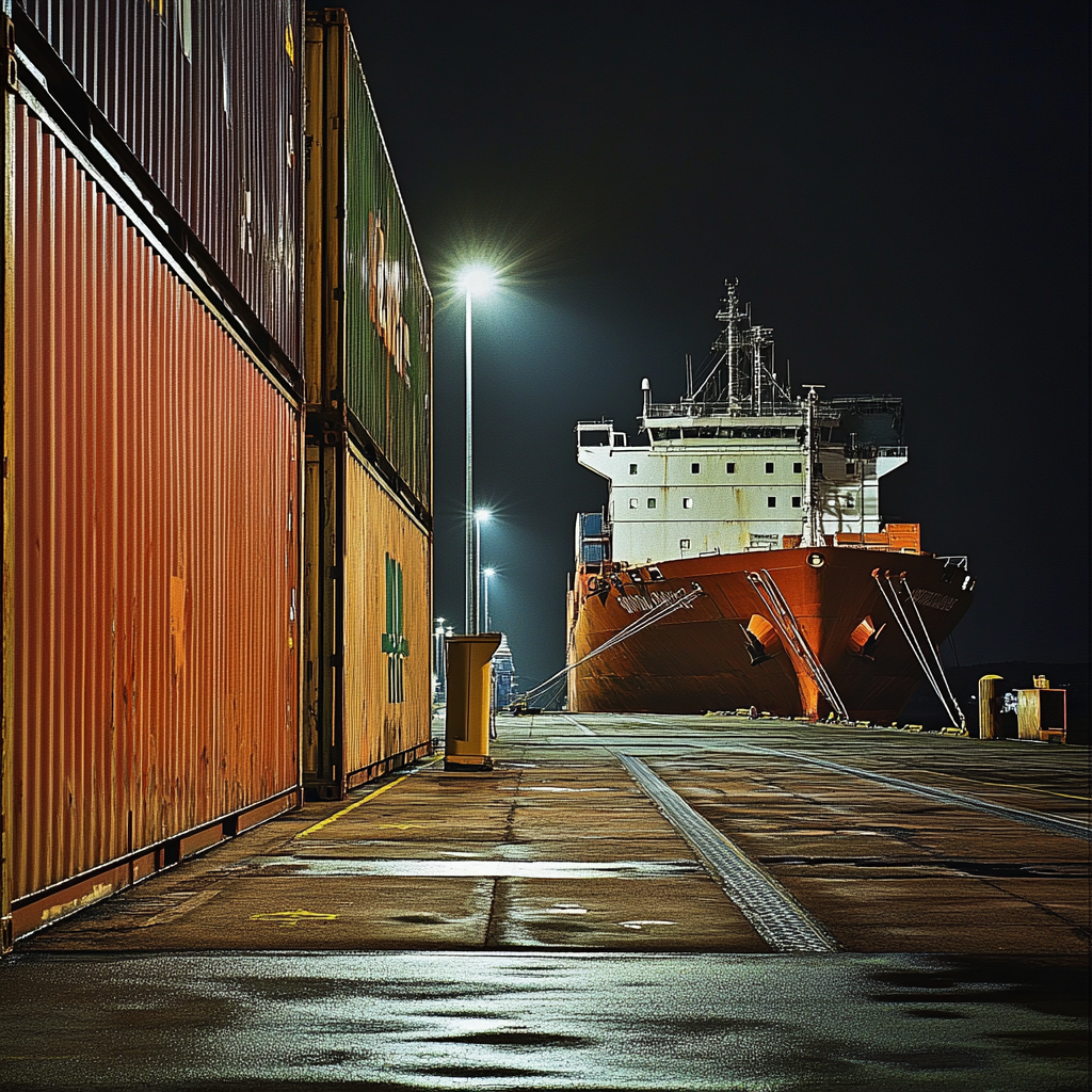 Containerschiff in Dunkelheit mit Wächter und beleuchteter Gangway.