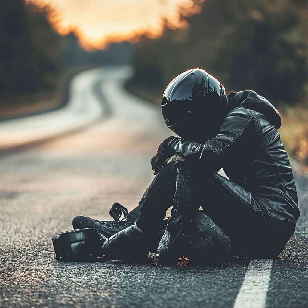 Contemplating rest or medical help after motorcycle breakdown.