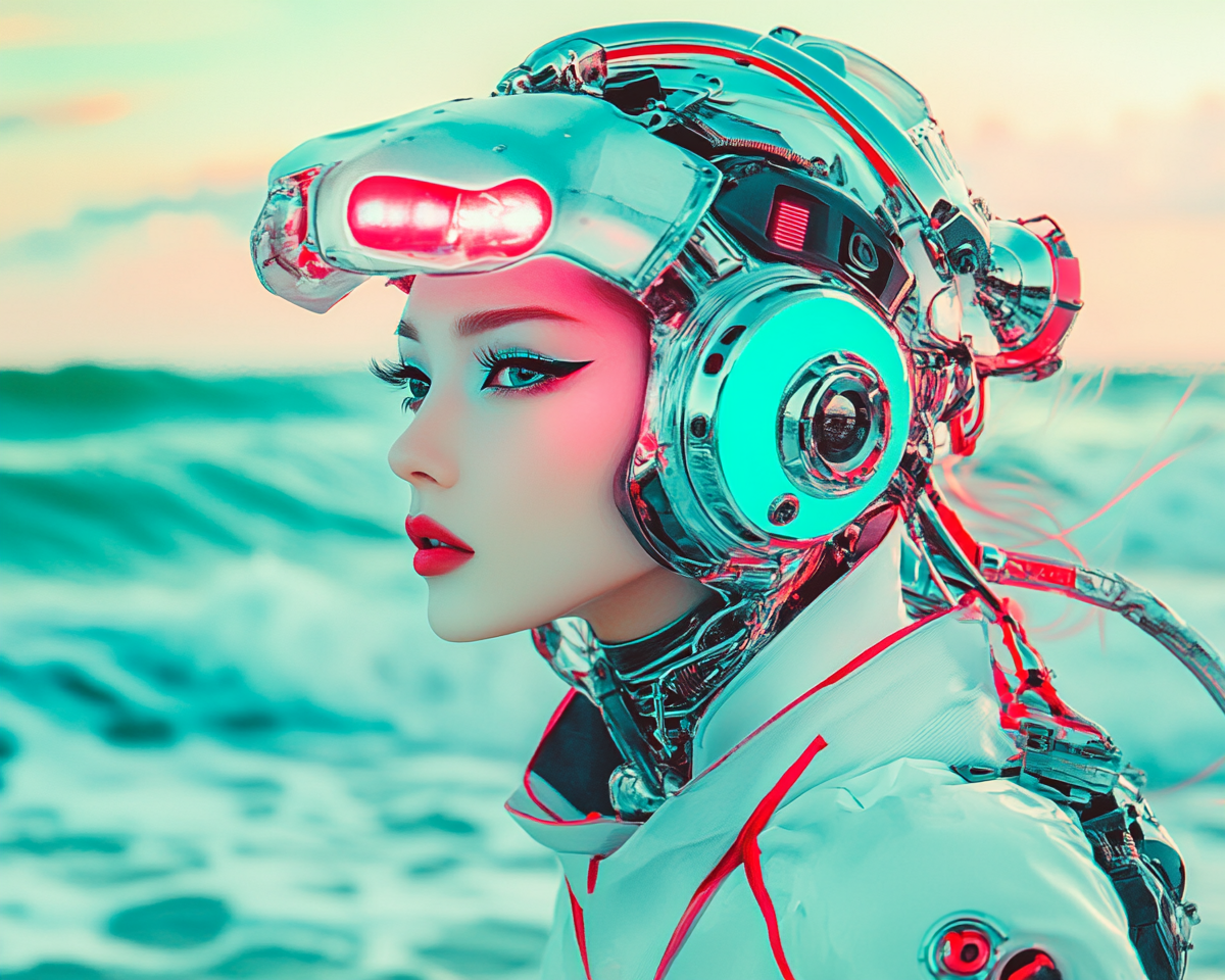 Contemplative cyborg woman by unpredictable sea