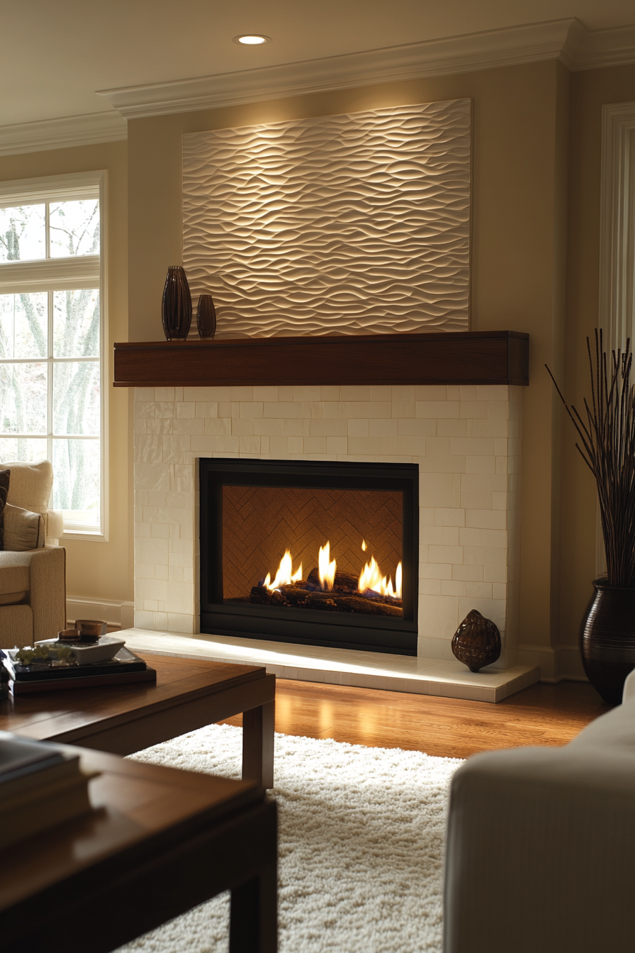 Contemporary Living Room with Vibrant Mantle Tiles