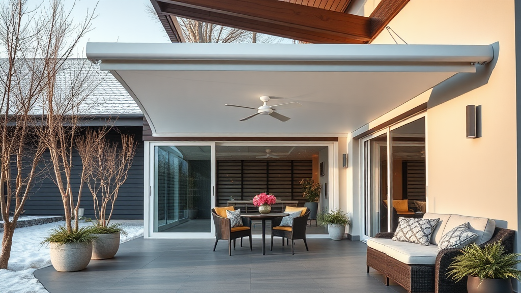 Contemporary Patio Terrace with Roller Awning in Cold Spring