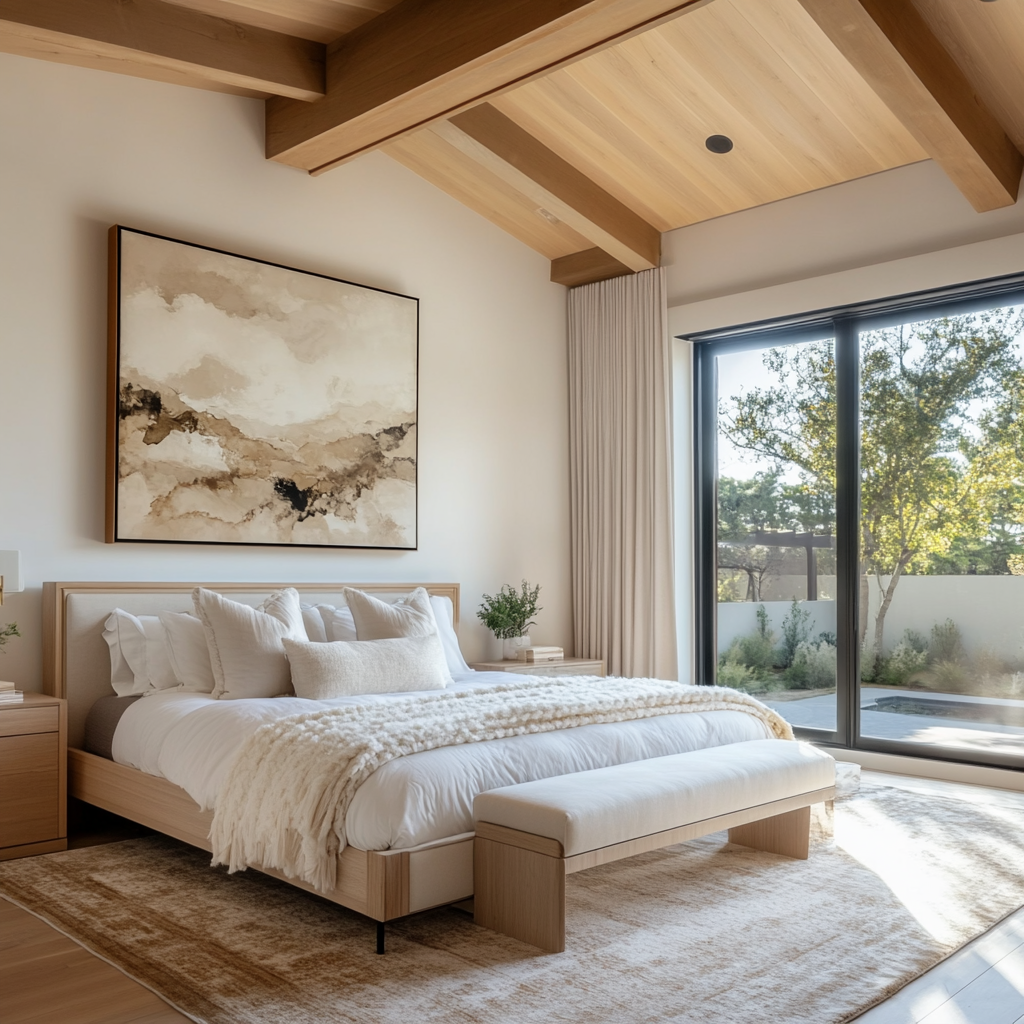 Contemporary bedroom with high ceilings centered around artwork.