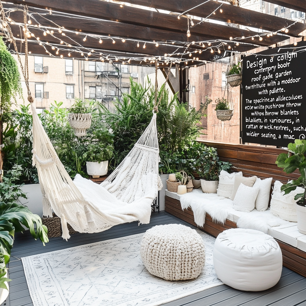 Contemporary boho-style roof garden with modern twist all-white.