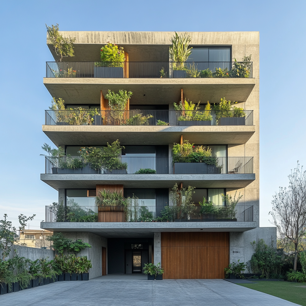 Contemporary building with 8 floors and balconies.