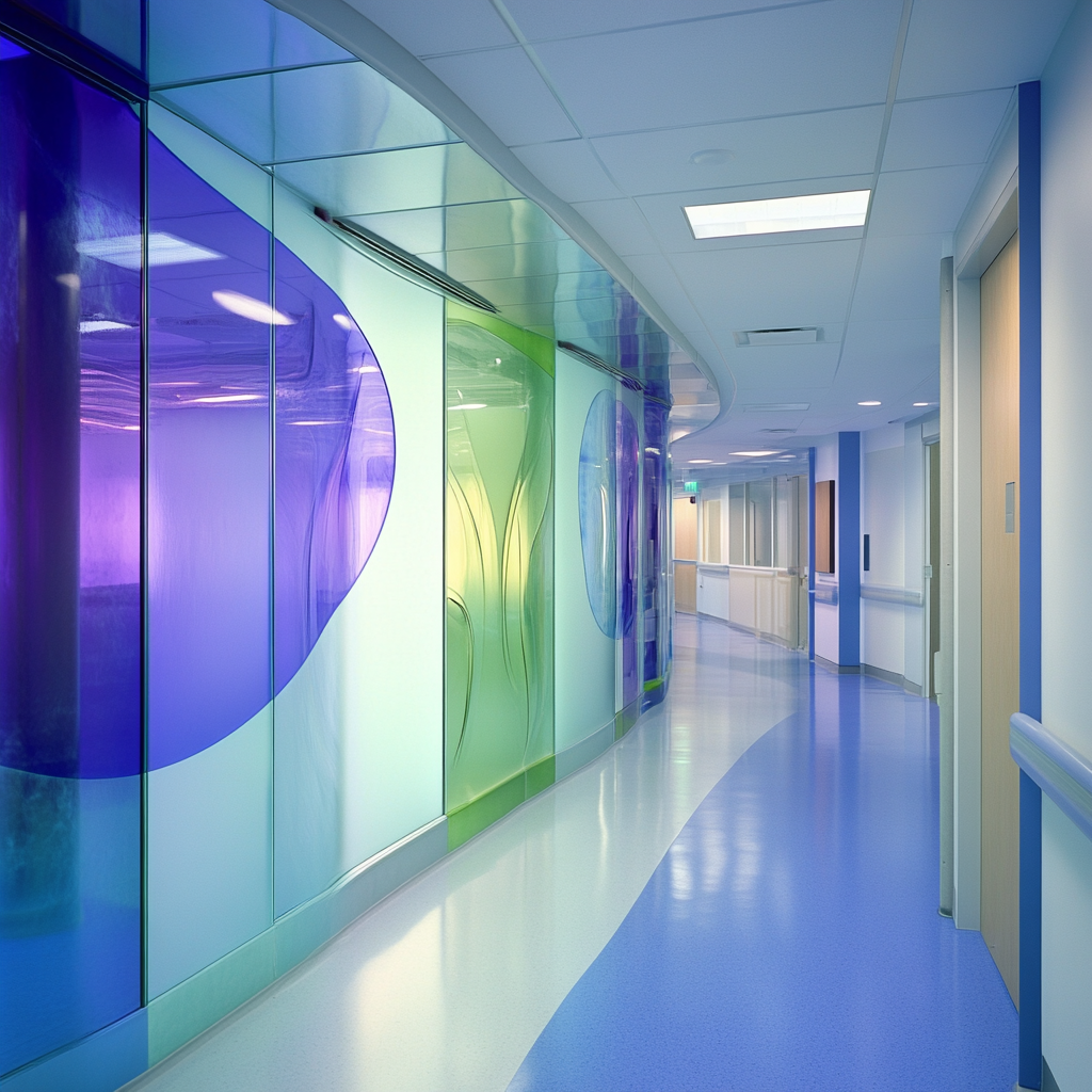 Contemporary candy-coated glass wall with medical theme