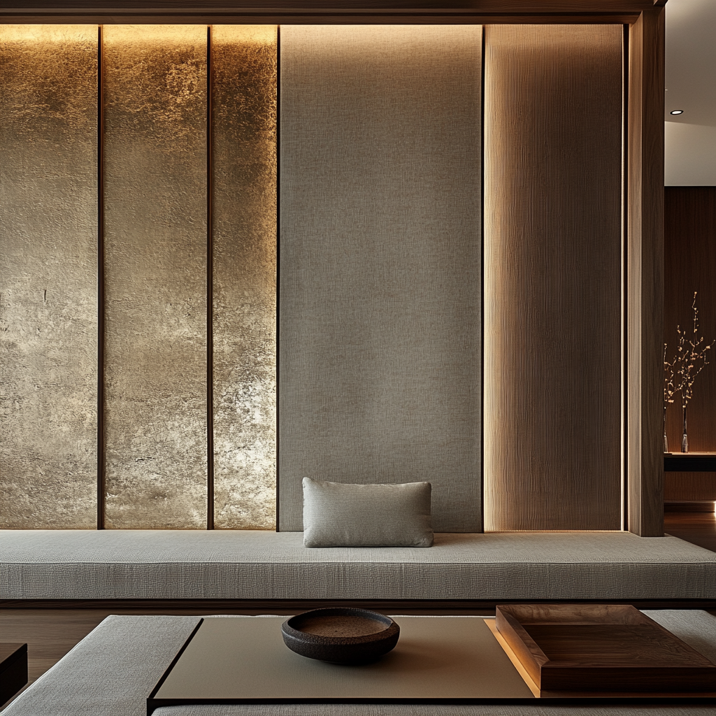 Contemporary design with Japanese inspiration, natural materials, low lighting.