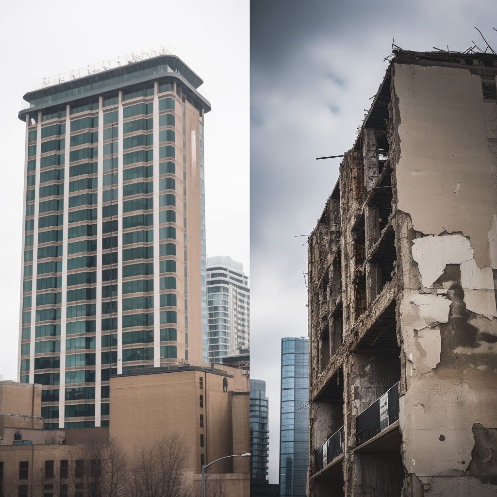 Contrast of old and new buildings, split photo