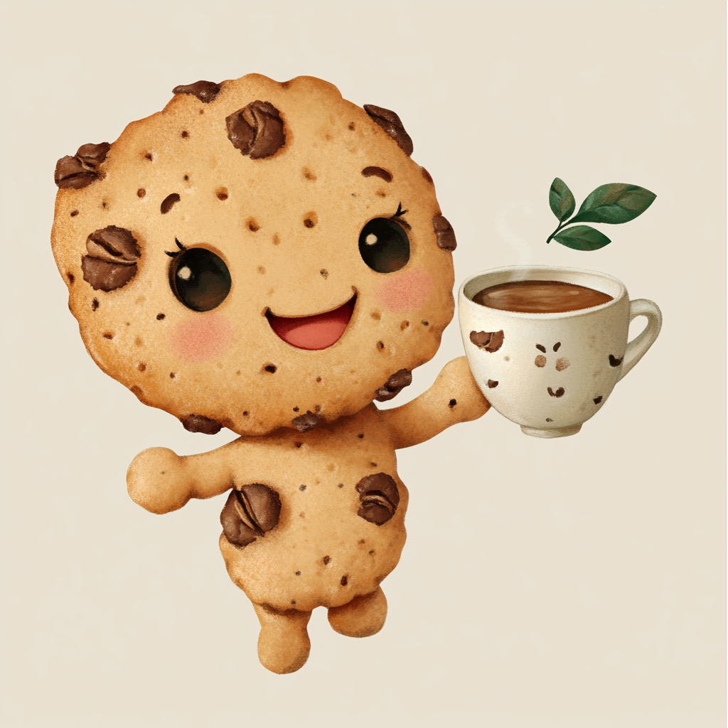 Cookie character holding coffee with warm, welcoming expression.