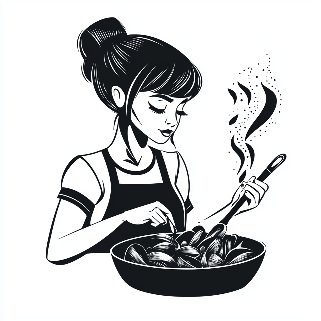 Cooking mussels in Tim Burton's style drawing.