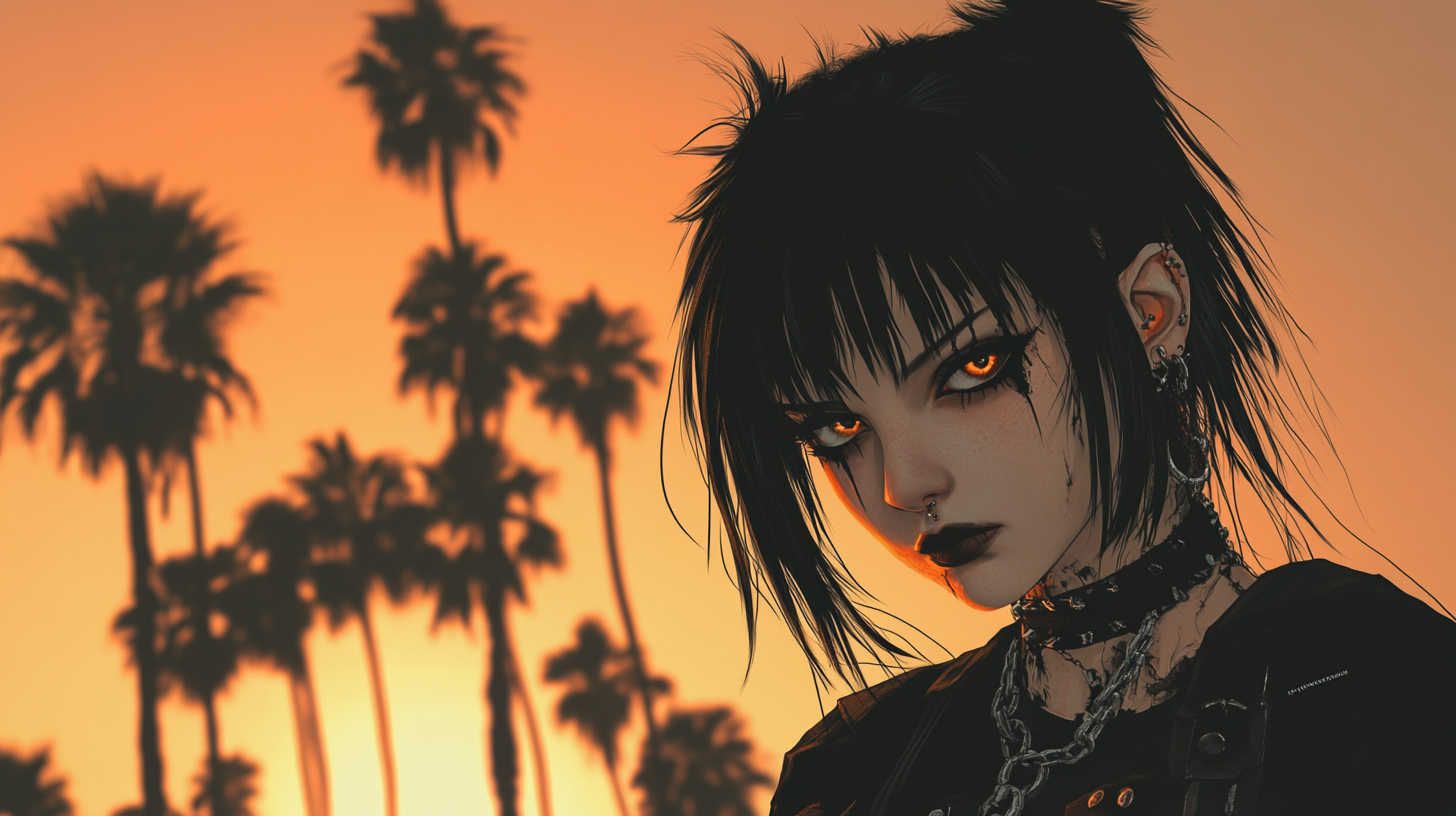 Cool Gothic Girl at Sunset with Palm Trees