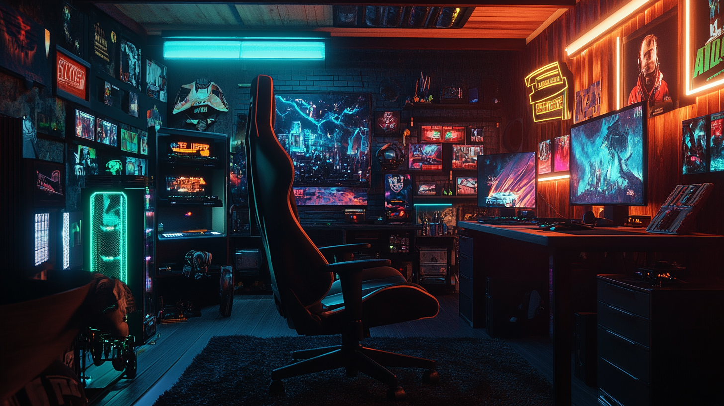 Cool gaming room with RGB lights, gaming chair.