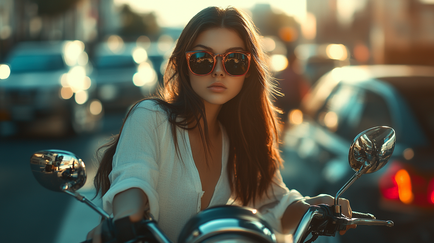 Cool girl on motorcycle, looking at camera