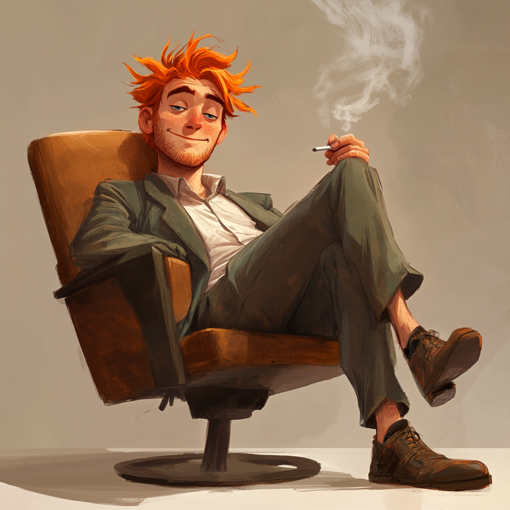 Cool guy with orange curls sitting smoking. Smiling.