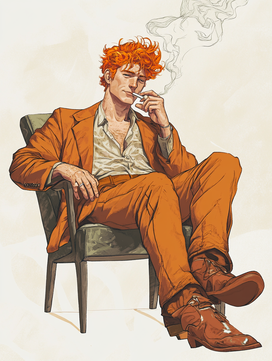 Cool man sitting in chair smoking, orange hair.