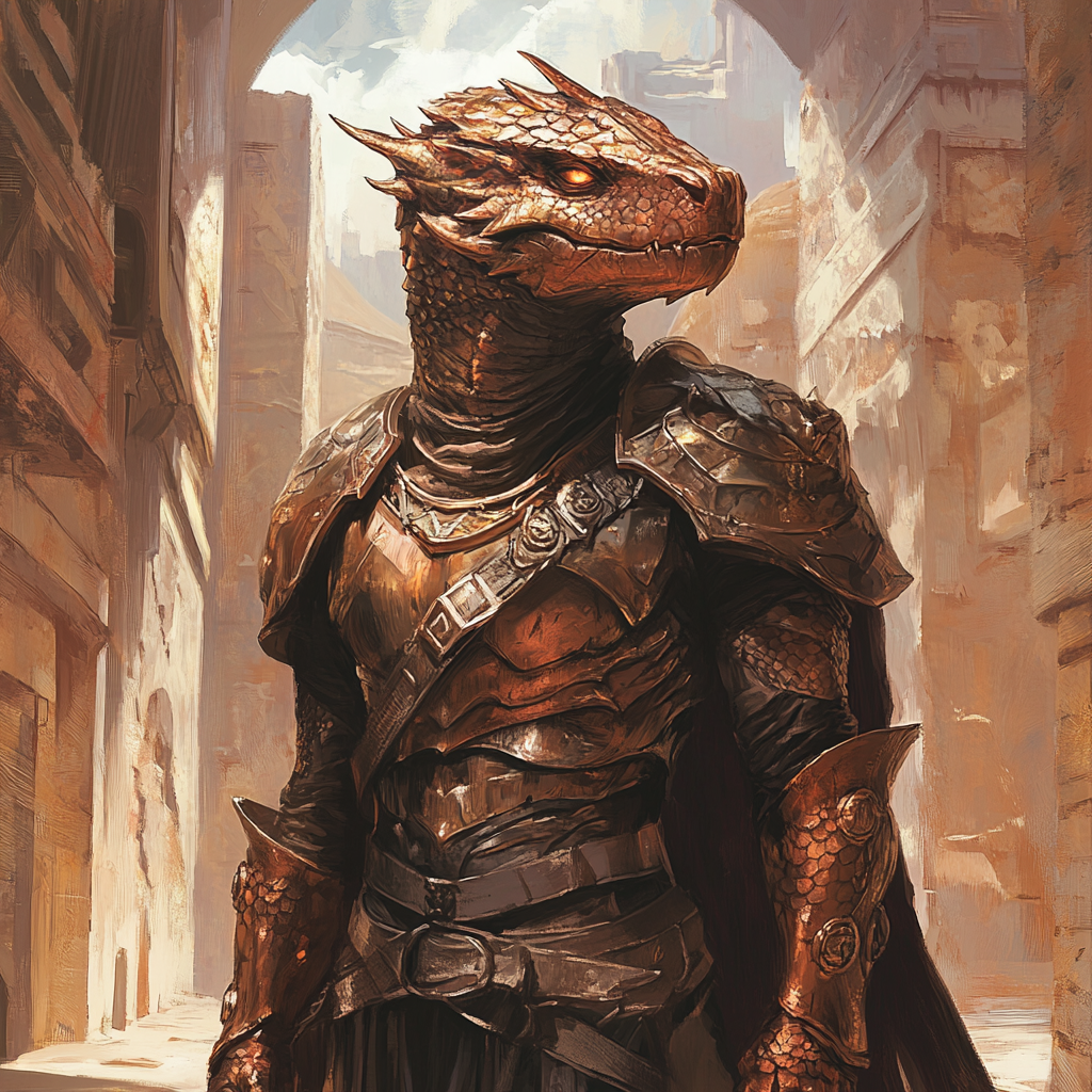 Copper dragon humanoid male in light armor art.