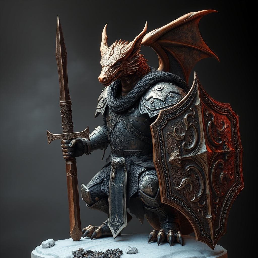 Copper dragonborn wears armor, wolf cape, sword, shield.