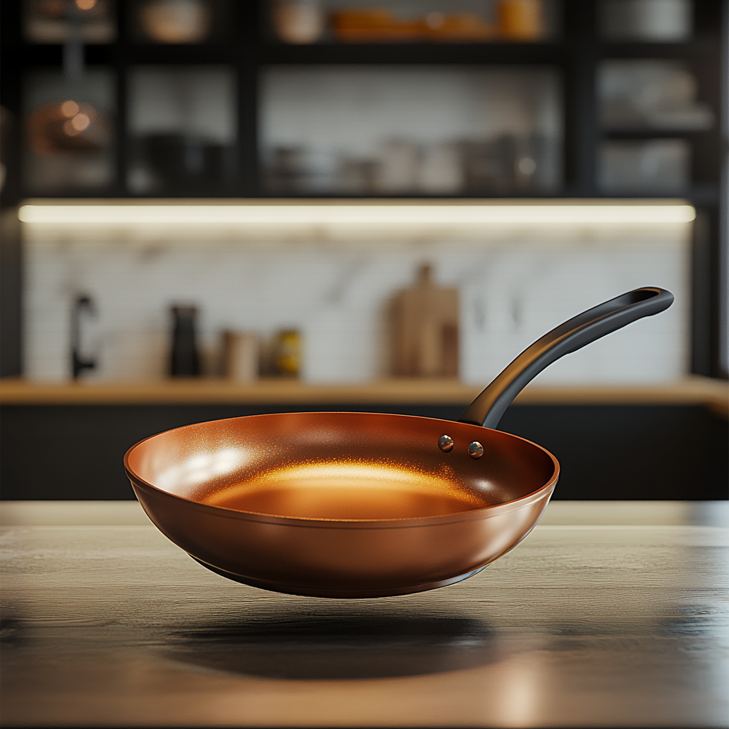 Copper frying pan floats in fancy kitchen