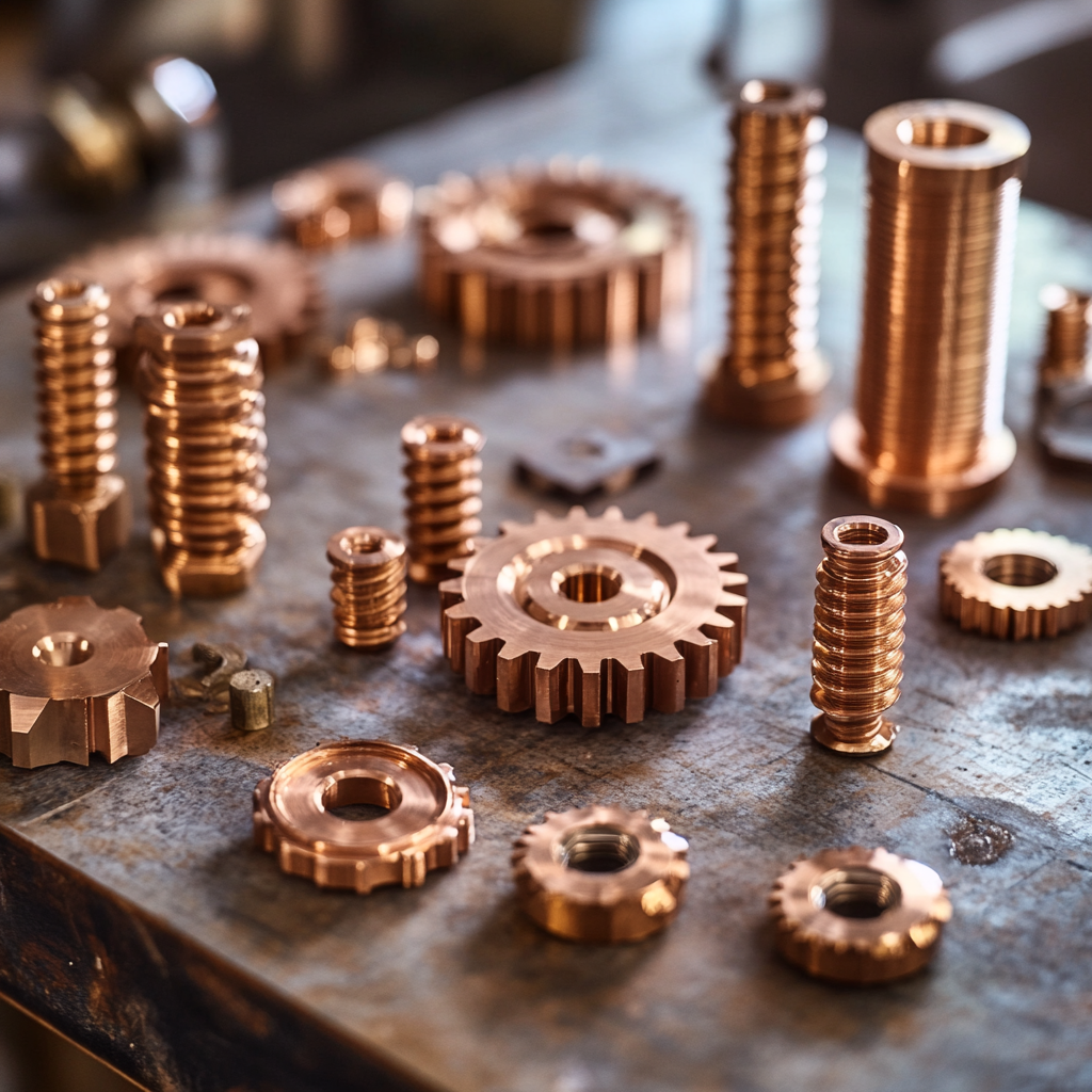 Copper gears and bolts close up with soft lighting.