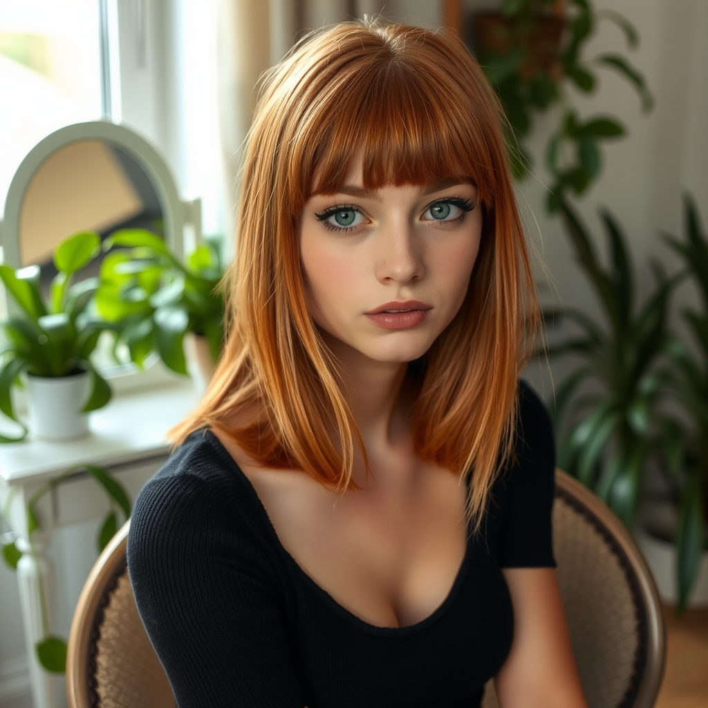 Copper-haired 30-year-old woman in room Sample AI Image