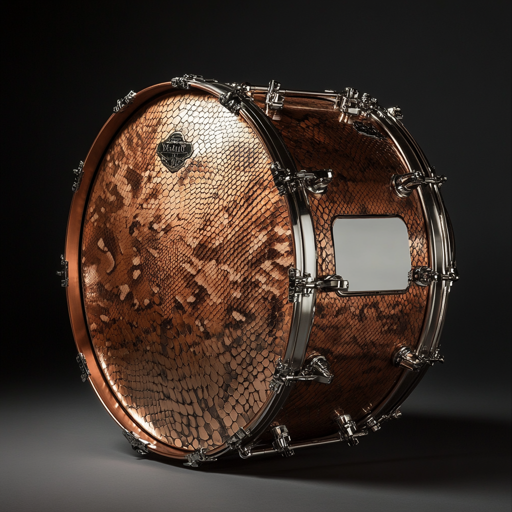 Copper kick drum with logo spot, snake skin pattern