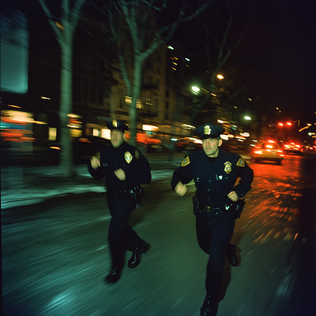 Cops chasing criminal in vintage NYC 2004 photograph.