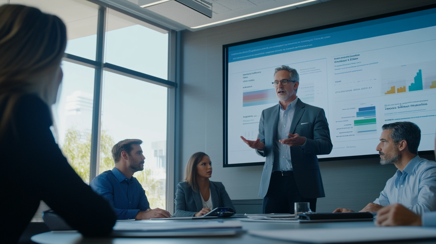 Corporate meeting presenting health regulations on a large screen.