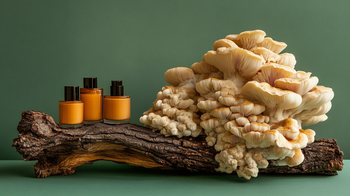 Cosmetic bottles on wood with mushrooms on green backdrop